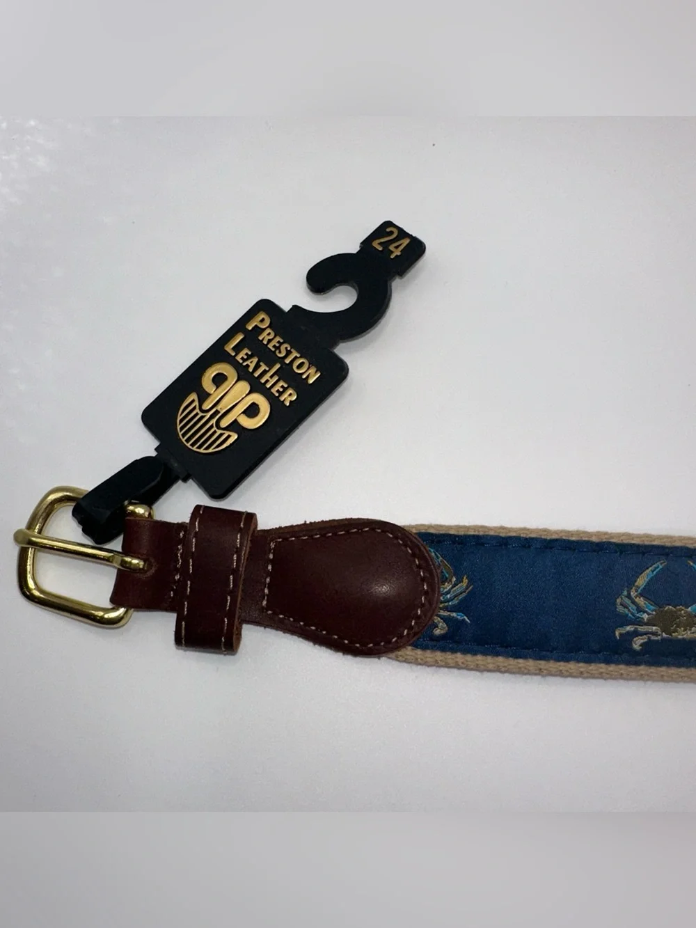 Preston Leather Crab Nautical Belt Solid Brass Buckle Kids Size 24 Made in USA